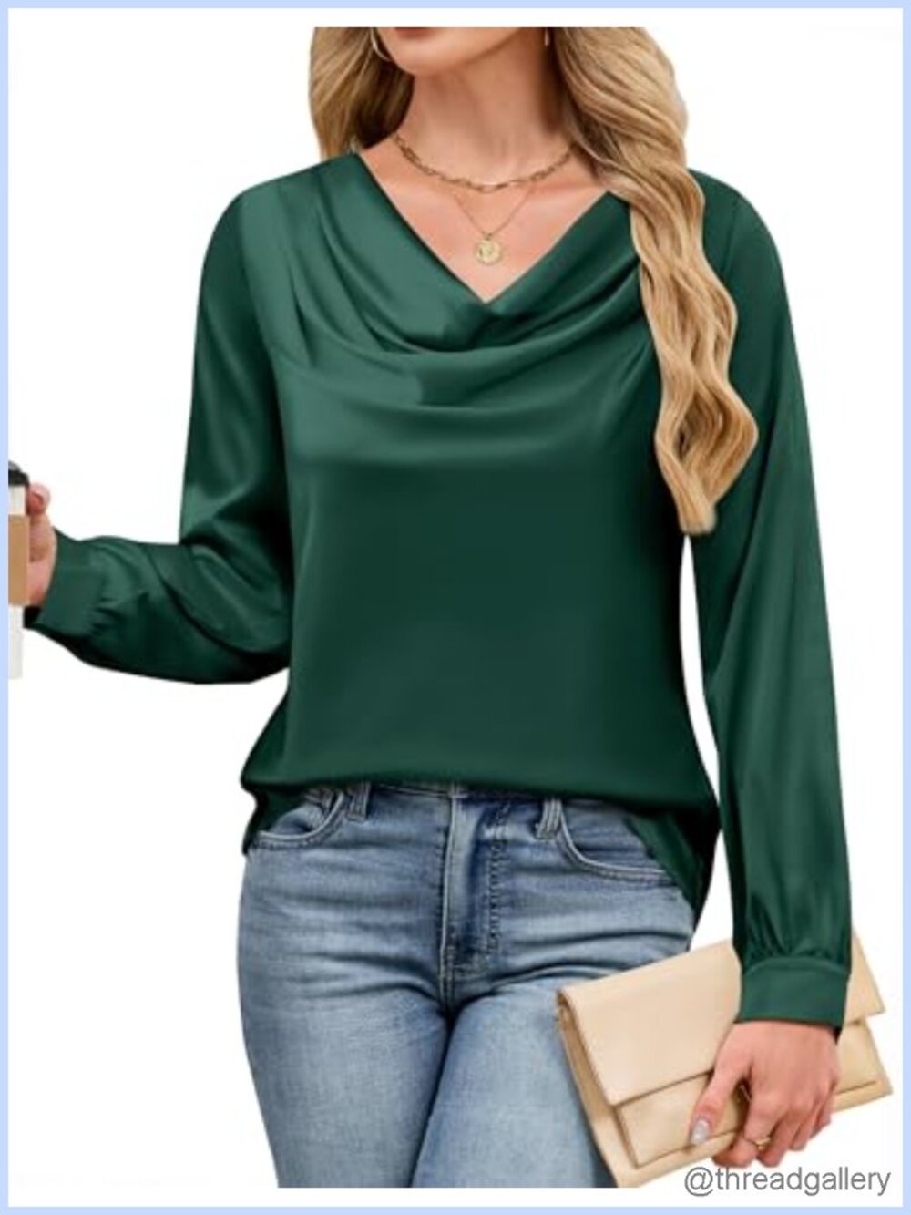 Satin Cowl Neck Draped Long Sleeve Dressy Blouse